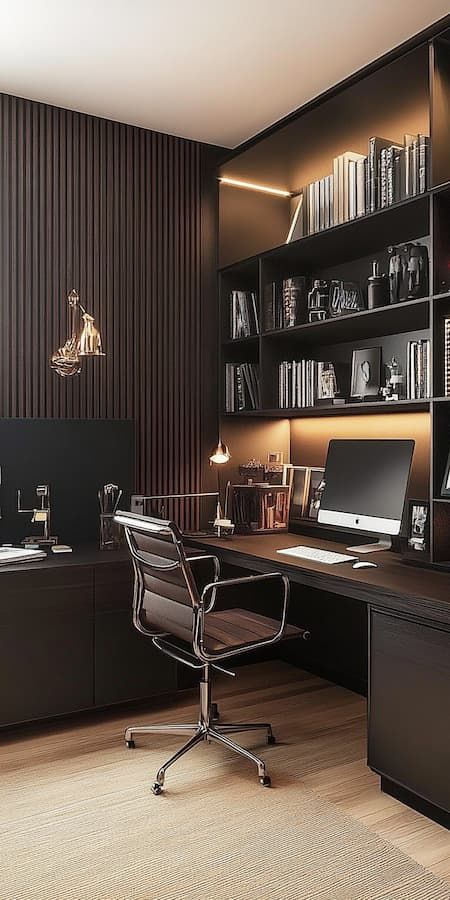 28 Home Office Ideas That You Should Try - Drop By My Home Living Office Combo Layout, Software Engineer Office, Home Office Dark, Organize Office Space, Staircase Decor Ideas, Small Gallery Wall, Feminine Home Offices, Minimalist Home Office, Office Closet