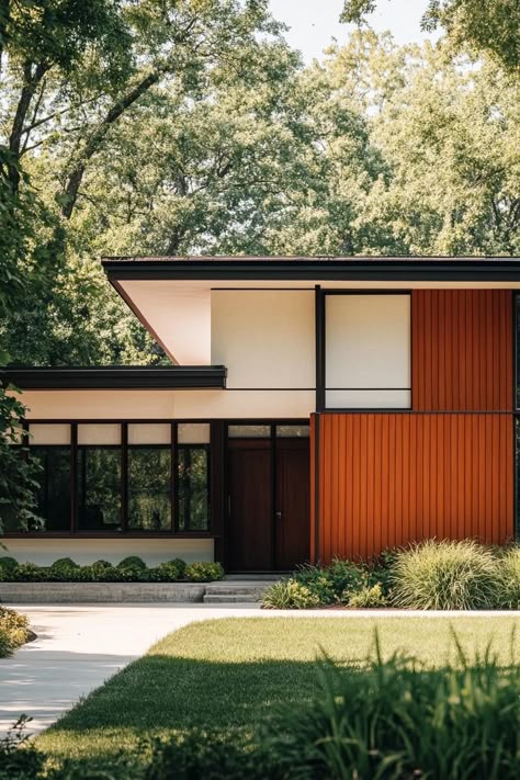 Midcentury Modern 2 Story House, Mid Century Modern Two Story Home, Wood And Cement House, Copper Siding Exterior, Midcentury Bungalow Exterior, 80s Style House Exterior, Midcentury Exterior House, Mid Century Building Exterior, Mid Century Modern Outside House