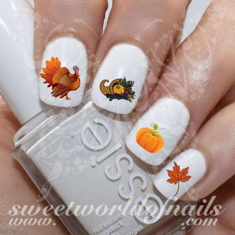 Thanksgiving Nail Art Turkey Pumpkin Cornucopia Autumn Leaf Nail Water Decals https://www.sweetworldofnails.com Turkey Nails, Fox Nails, Nail Art Halloween, Thanksgiving Nail Designs, Nail Water Decals, Thanksgiving Nail Art, Thanksgiving Nail, Finger Nail Art, Pumpkin Nails