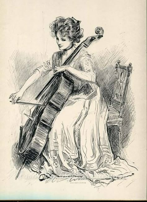 Cello Art, Charles Dana Gibson, Arte 8 Bits, Music Drawings, Gibson Girl, Figure Sketching, The Violin, Girl Sketch, Victorian Art