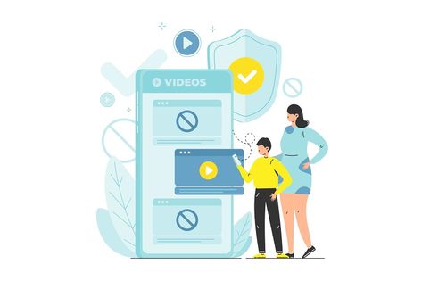 Mother with son near smartphone with parental control app, flat vector illustration. Parents track video content their child can watch and make content restrictions. Parental Control Apps, Parental Control, Video Content, Track, Smartphone, Vector Illustration, Parenting