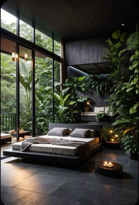 Interior Design Nature Theme Home Decor, Plant Bedroom Aesthetic Dark, Rain Forest House, Biophilic Design Bedroom, Biophilic Bedroom, Jungle Home, Aesthetic Home Decor, House In Nature, Kitchen Home Decor