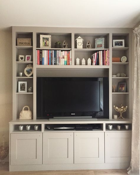 Small Built Ins Around Tv, Tv With Storage Around, Built In Tv Wall Unit With Bookshelves, Built In Tv Wall Unit Decor, Small Built In Media Wall, Book Tv Shelves, Built In Shelves Living Room With Tv Small Spaces, Small Built In Tv Cabinet, Media Wall In Small Room