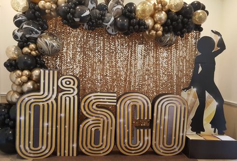 Black 70s Party, 70s Party Balloons, Disco Themed 50th Birthday Party, 70s 50th Birthday Party Ideas, Disco Themed Balloon Garland, 70s Inspired Party Decor, 70s Theme Birthday Party Ideas For Men, 70s 50th Birthday Party, 70s Disco Party Backdrop