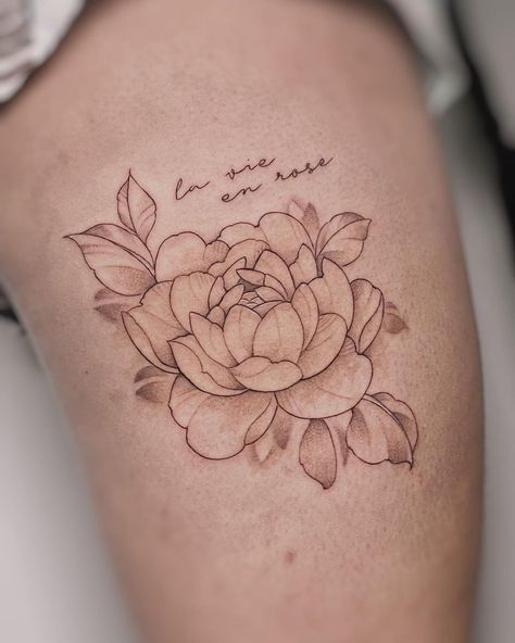 Peony Name Tattoo, Peony Tattoo With Name, Peony Rose And Lily Tattoo, Peony Meaning Tattoo, Vintage Peony Tattoo, Peony Fairy Tattoo, Boy Mom Tattoo, Peony Flower Tattoos, Love Yourself Tattoo