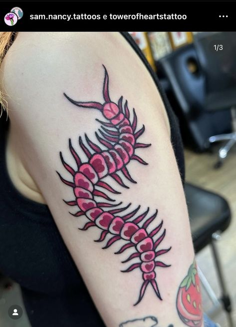 Neo Traditional Centipede Tattoo, Colorful Bug Tattoo, American Traditional Centipede Tattoo, Traditional Centipede Tattoo, Lollipop Tattoo, Caterpillar Tattoo, Centipede Tattoo, Shin Tattoo, Traditional Tattoo Inspiration