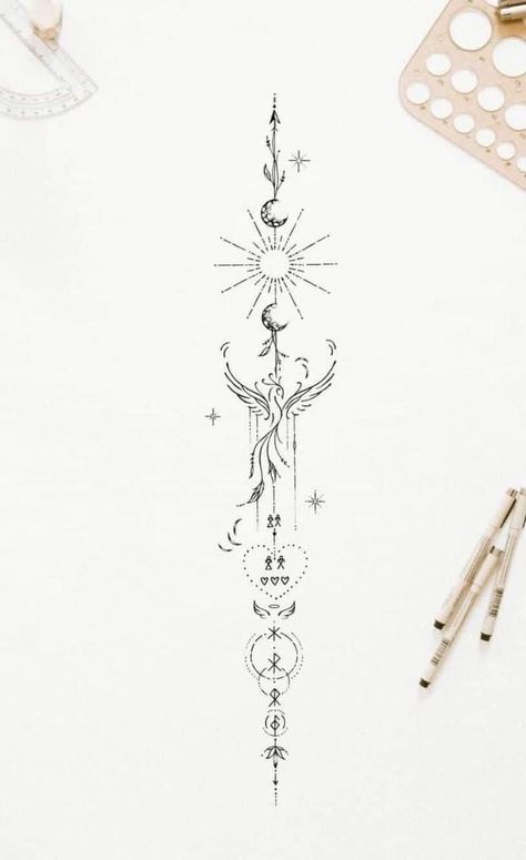 Pheonix Spinal Tattoo, Spine Phoenix Tattoo, Tattoo Ideas That Represent Strength, Tattoo Ideas Nature Simple, Elegant Wolf Tattoo, Dainty Back Tattoo Women, Pheonix Tattoo For Women Spine, Womens Underboob Tattoo, Devine Feminine Spine Tattoo