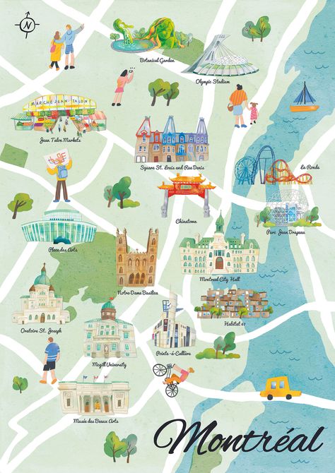 Illustrated map of Montreal on Behance Toronto Vacation, Montreal Vacation, City Maps Illustration, Montreal Botanical Garden, Montreal Travel, Tourist Map, Of Montreal, Montreal Quebec, Travel Illustration