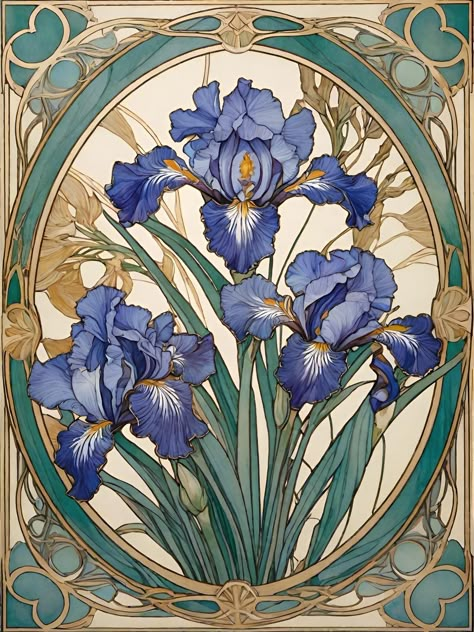 Iris Flowers Illustration, Iris Botanical Illustration, Iris Art Nouveau, Mucha Flowers, Art Nouveau Background, Art Nouveau Lotus, Fiori Art Deco, Iris Illustration, Art Nouveau Iris