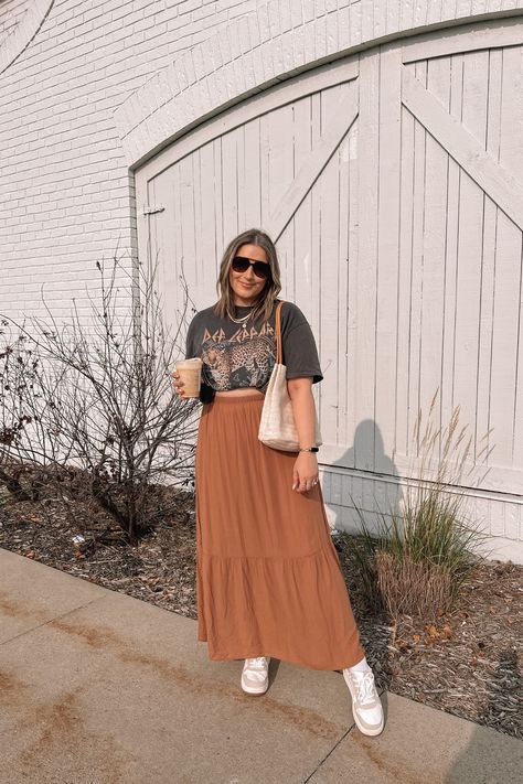 trendy fall 2023 midsize outfit Mid Size Long Skirt Outfit, Graphic Tee And Maxi Skirt Outfit, Brown Tiered Skirt Outfit, Mid Size Maxi Skirt Outfit, Maxi Skirt Outfit Midsize, Midsize Long Skirt Outfit, Mid Size Fashion Fall 2023, Midsize Maxi Skirt Outfit, Midsize Modest Outfits