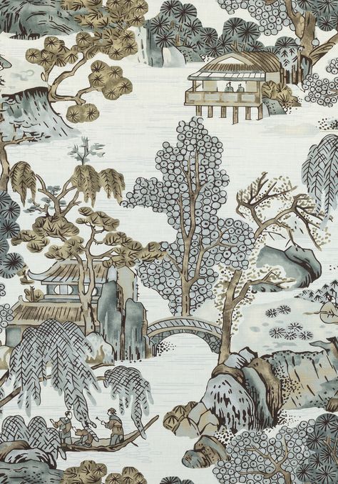 ASIAN SCENIC, Grey, F975463, Collection Dynasty from Thibaut Blue And Green Curtains, Chinoiserie Pillow Covers, Chinoiserie Pillow, Thibaut Fabric, Chinoiserie Pattern, Bed Scarf, Green Curtains, Green Throw Pillows, Floral Curtains