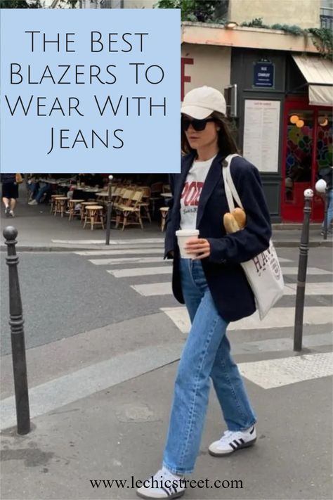 The Best Blazers To Wear With Jeans. Plenty of blazer outfits to wear with jeans. The classic jeans blazer outfit combination is chic and sophisticated way to wear denim jeans. Chic blazers outfit to style for fall fashion and winter fashion. There are even spring fashion ideas with jeans blazer outfit. #blazeroutfits #jeansoutfit #denimjeans #denimjeansoutfit #jeansblazeroutfit #blazeroutfit Tshirt Blazer Jeans Women, Jeans Blazer Sneakers Outfit, Royal Blue Sneakers Outfit, Blazer Jeans And Sneakers Outfit, Blazer Sweatshirt Outfit, Blazer And Sweatshirt Outfit, Blazer And Tennis Shoes Outfit, Blazer With Jeans And Sneakers, How To Style A Blazer With Jeans