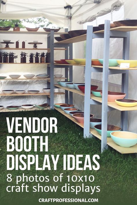 Vendor booth display ideas - 8 photos of 10x10 craft show displays, and an action plan to help you design your own portable display. Build Display Shelves, 10 X 10 Market Booth, Vendor Booth Shelf Ideas, Unique Craft Show Displays, Diy Portable Shelves Craft Show Displays, Displays For Vendor Shows, Arts And Crafts Booth Display Ideas, Convention Booth Ideas Display, Diy Display Shelves Craft Booths