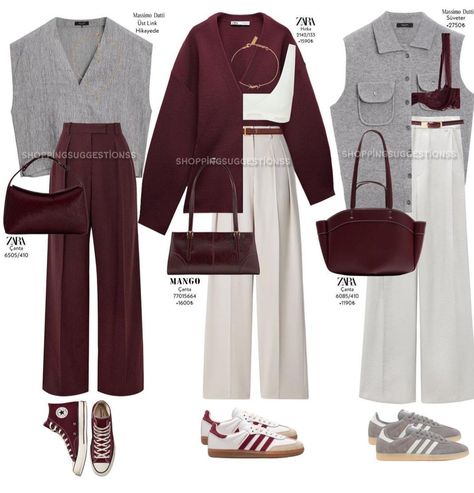 Beige Maroon Outfit, Outfits For Deep Winter Women, Maroon Winter Outfits, Burgundy Capsule Wardrobe, Burgundy And Blue Outfit, Outfit Maroon, Beige Hose, Burgundy Outfit, Look Adidas