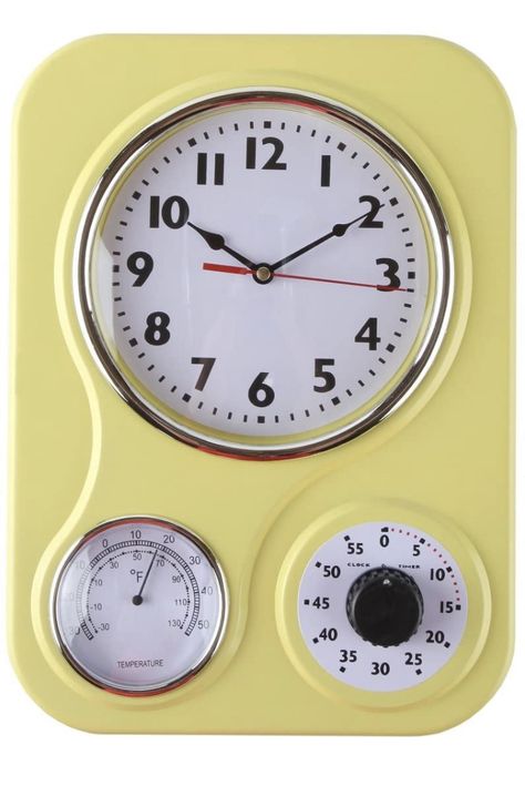 Retro yellow kicthen wall clock with thermometer and 60 minute timer. Kitchen Wall Clock, Kitchen Thermometer, Kitchen Clock, Kitschy Kitchen, Kitchen Clocks, Timer Clock, Kitchen Wall Clocks, Retro Clock, Kitchen Timers