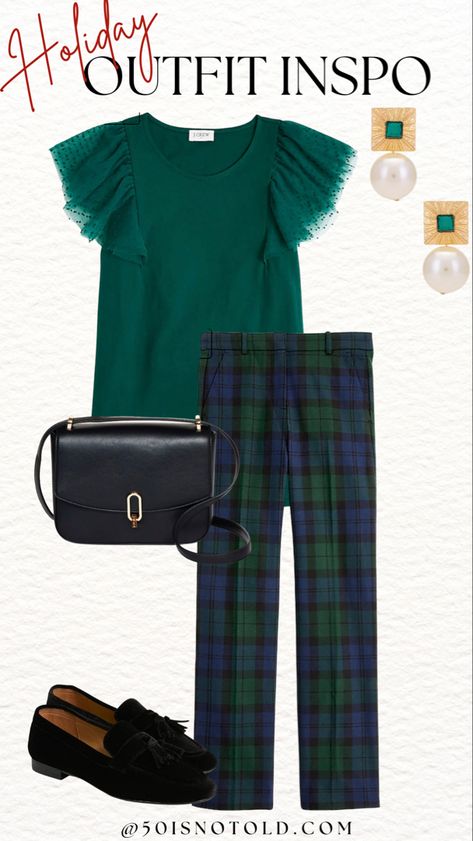 This green, navy and black outfit is perfect for the holidays! These plaid pants can be styled several ways. Shop the outfit by clicking on the photo or click Read It. Navy And Black Outfit, Leggings For Women Over 50, Green Plaid Pants, Holiday Outfit Inspo, Green Pants Outfit, Plaid Outfit, White Flared Jeans, 50 Is Not Old, Plus Size Fall Outfit