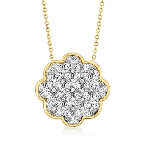 Ross-Simons - 1.00ct t. w. Diamond Cluster Flower Necklace in Gold. 20". Chic and feminine, this necklace flaunts a fabulous sparkle. A cluster of 1.00 ct. t. w. diamonds are set in shimmery 14kt white gold, resting in a flower-shaped frame of luxurious 14kt yellow gold. Suspends from a cable chain. Lobster clasp, diamond cluster flower necklace. Diamond birthstones are the perfect gift for April birthdays. April Birthday, Pendant Diamond, Diamond Birthstone, Fashion Pendant, Diamond Jewelry Necklace, Necklace Diamond, Jewelry Design Necklace, 10th Birthday, Diamond Cluster