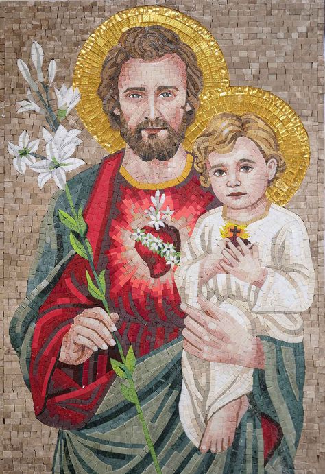 Saint Joseph Art, Catholic Wallpaper, Mosaic Portrait, Jesus Mary And Joseph, Mosaic Murals, Modern Mosaics, Catholic Images, Custom Mosaic, Mosaic Artwork