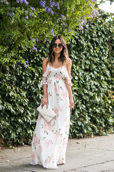 COLD SHOULDER MAXI DRESS Floral Dress Ideas, Asos Maxi Dress, Cherry Print Dress, Short Dress White, Cold Shoulder Maxi Dress, Floral Dress Casual, Floral Dresses Long, Spring Floral Dress, Maxi Knit Dress