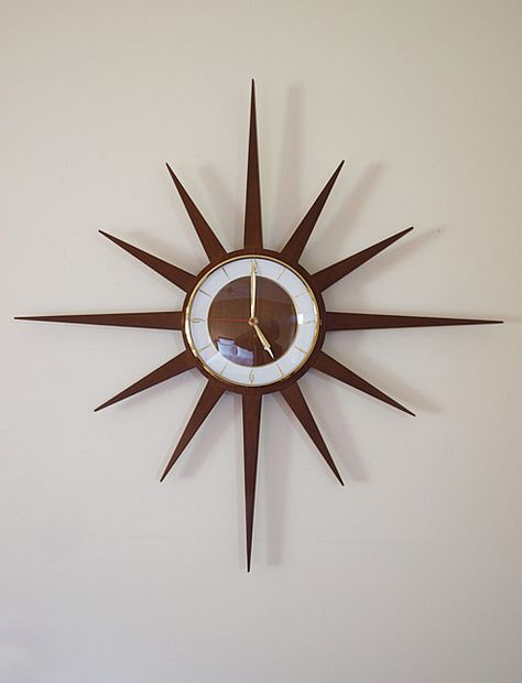 Teak Retro 60s Starburst Clock by lainheath, via Flickr, stores.ebay.com.au/the-Retro-Lane 60s Wall Decor, Retro Clocks Vintage, Starburst Decor, Starburst Clock, Atomic Decor, Sunburst Clock, Condo Living Room, Art Deco Clock, Teak Wall