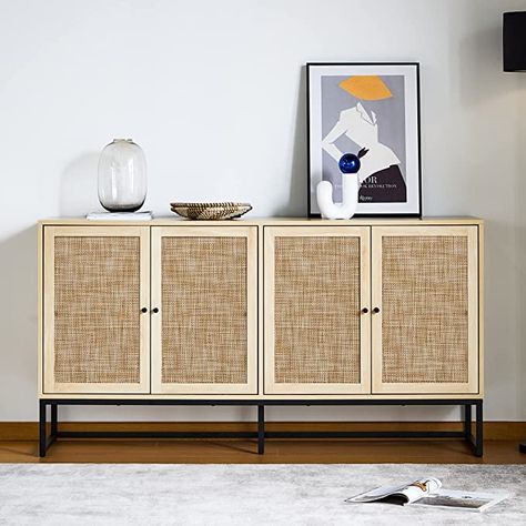 Amazon.com - QEIUZON Modern Sideboard Cabinet, Accent Storage Cabinet with Rattan Doors and Adjustable Shelves, Freestanding Sideboard Storage Cabinet for Kitchen Dining Living Room Hallway Office (Natural) - Dining Room Furniture Modern Sideboard Cabinet, Sideboard Cabinet Modern, Cabinet For Kitchen, Rattan Doors, Rattan Sideboard, Kitchen Dining Living Room, Accent Storage Cabinet, Natural Living Room, Sideboard Storage Cabinet