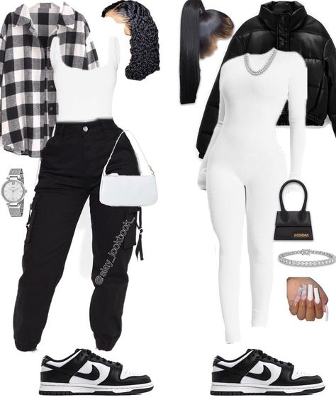 𝕱𝖔𝖑𝖑𝖔𝖜 𝖒𝖊 on Instagram: "Which fall outfit would you wear? • • Follow for more outfits @slay_lookbook_" Women Dunks, Black And White Dunks, Wattpad Outfits, Faux Leather Puffer Jacket, Dunks Outfit, Leather Puffer Jacket, Teen Swag Outfits, Cute Nike Outfits, Famous Outfits