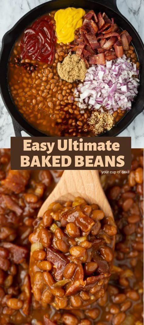 Make canned beans even better with this AWESOME recipe! Easy Ultimate Baked Beans Canned Baked Beans, Bbq Side Dishes, Sides Recipes, Baked Bean Recipes, Easy Bacon, Bbq Sides, Canned Beans, Pork Chop, Pasta Bake