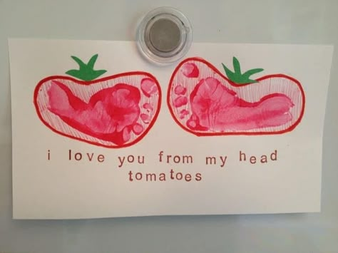 Tomato Handprint Craft, I Love You From My Head Tomatoes Footprint, 6 Month Footprint Art, Home And Family Crafts For Toddlers, Red Crafts For Infants, Red Footprint Art, Food Art For Infants, Red Toddler Crafts, Garden Crafts For Infants