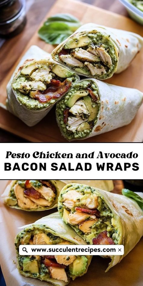 These Low-Carb Pesto Chicken and Avocado Bacon Wraps are the ultimate healthy option for a tasty and filling wrap that won't disappoint! Pesto Chicken Avocado Bacon Wrap, Low Carb Chicken Lunch Ideas, Whole 30 Wraps, Chicken And Bacon Wraps Easy Recipes, Low Carb To Go Lunch, Easy To Make Lunches For Work, Wraps With Pesto, Healthy Lunch At Work, Cold Wrap Ideas For Lunch