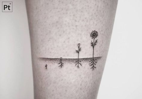 I love this tattoo to demonstrate growth! Gardening Tattoos For Women, Tattoos For Change, Root Tattoo Ideas, Flowers Growing Tattoo, Homestead Tattoo, Soil Tattoo, Flower With Roots Tattoo, Roots Tattoo Ideas, Seedling Tattoo