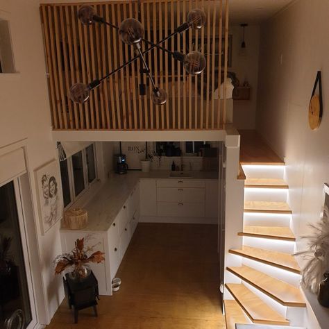 DIY Tiny House With walking height loft | Tiny Stairs For Loft, Tiny Home Loft Stairs, Tiny House With Stairs, Tiny House Loft Stairs, Tiny Home Stairs, Shed House Interior Ideas, Micro Tiny House, Tiny House Stairs Ideas, Cabin Stairs