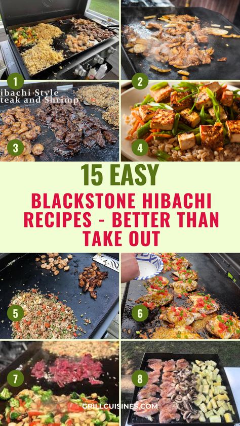 Discover 15 Blackstone Hibachi recipes that are better than takeout! From juicy hibachi steak, teriyaki chicken to hibachi garlic noodles, succulent shrimp to fried rice, and grilled veggies, explore easy-to-make dishes perfect for your next hibachi-style feast on the griddle. these hibachi griddle recipes are ideal for dinner, a large group or crowd. #BlackstoneGriddle#HibachiAtHome#BetterThanTakeout#GrillingRecipes#OutdoorCooking Asian Griddle Recipes, Steak Shrimp And Chicken Hibachi, Veggie Hibachi Recipes, Recipes To Make On Blackstone, Steak Hibachi Recipe Blackstone, Chicken Habatchi Blackstone, Blackstone Grill Recipes Hibachi Steak And Chicken, Hibachi For A Crowd, Blackstone Veggies Recipes