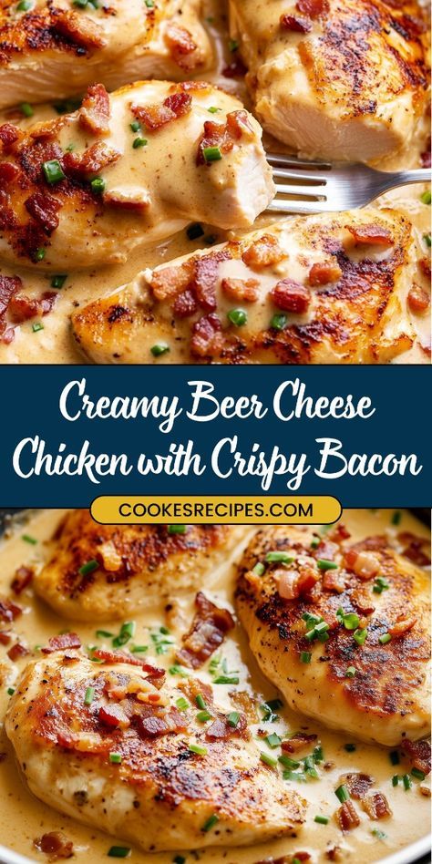 Creamy Beer Cheese Chicken With Bacon, Creamy Beer Cheese Chicken, Beer Cheese Chicken, Bacon And Cheese Recipes, Chicken Bacon Cheese Recipes, Bacon Dishes Dinners, Chicken Bacon Recipes For Dinner, Chicken Breast Bacon Recipes, Chicken With Bacon Recipes