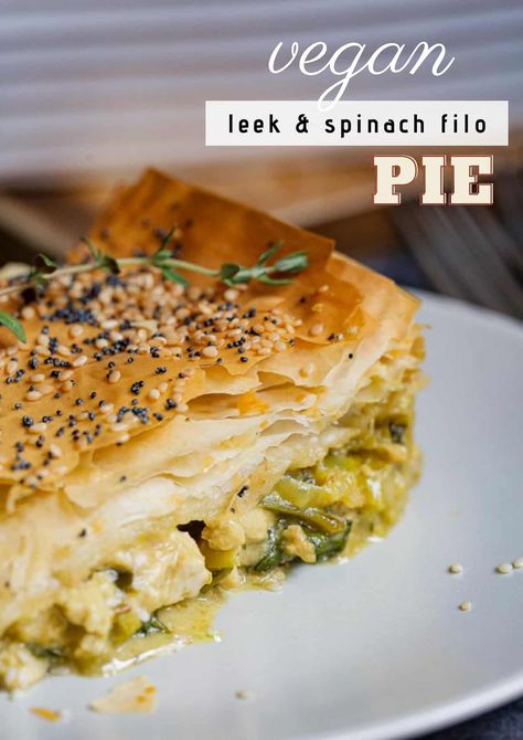 Filo Pie with Leeks and Spinach | The Cook & Him Spinach Filo, Tofu And Spinach, Filo Pie, Creamy Broccoli Soup, Vegetable Stock Cubes, Vegan Fish, Vegan Pie, Black Garlic, Recipes For Lunch