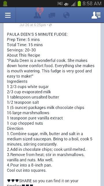 Fudge 5 Minute Fudge, Paula Deen, Milk Chocolate Chips, Mouth Watering, Chocolate Milk, Fudge, Homemade Recipes, Chocolate Chip, Comfort Food