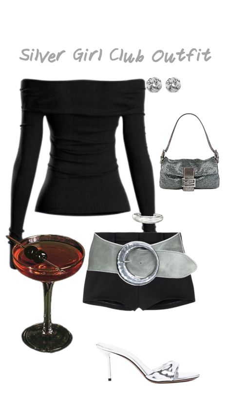 Aesthetic club outfit Black Themed Outfits, It Girl Style, Club Outfit, Club Outfit Ideas, Themed Outfits, All Black Outfit, Silver Accessories, It Girl, Girl Style