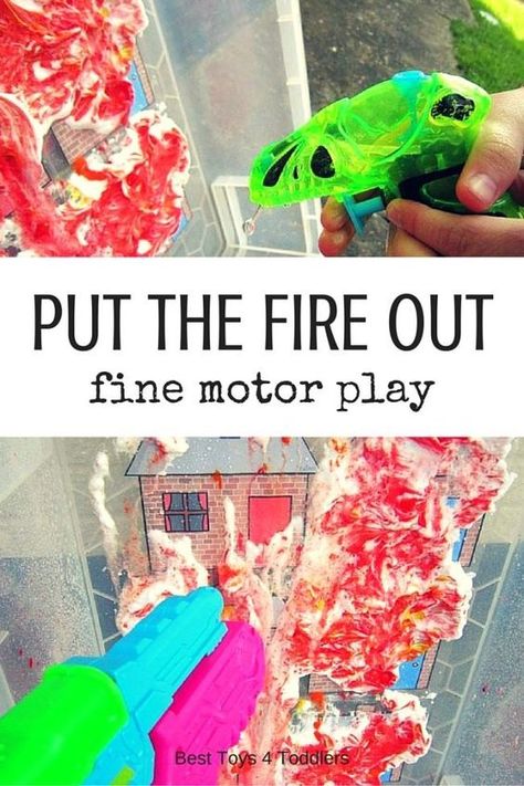 Best Toys 4 Toddlers - Put the fire out - great game for little firefighters to work on fine motor skills Fire Truck Activities, Fire Safety Preschool Crafts, Fine Motor Play, Fire Safety Theme, Community Helpers Activities, Fire Safety Activities, Fire Safety Preschool, Fire Safety Week, Fire Prevention Week