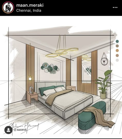 Room Drawing Reference, Bedroom Rendering, Interior Architecture Sketch, Interior Design Portfolio Layout, Interior Design Sketchbook, Furniture Design Sketches, Design Portfolio Layout, Interior Design Renderings, Drawing Interior