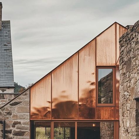 Copper Architecture, Transformation Architecture, Copper Cladding, Beach House Exterior, Copper Roof, Earth Homes, Exterior Cladding, House Extensions, March 1