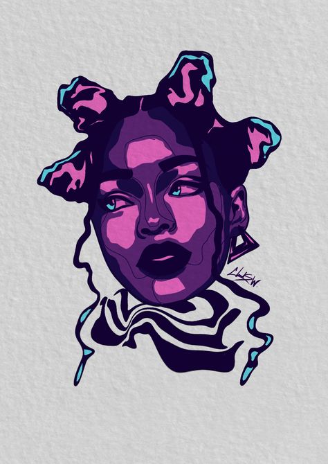 Beautiful black woman with bantu knots in purple and cyan with color accented hair and eyes; Rave Drawing, Rave Art, Art A Level, Black Woman Art, Bantu Knots, Posters Wall Art, Girls Cartoon, Woman Art, Posters Wall