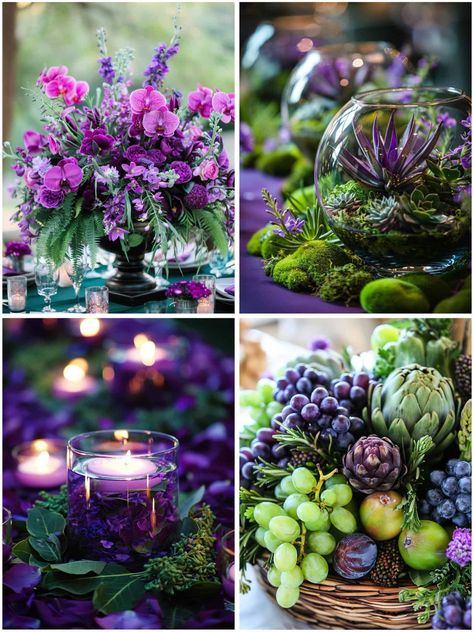 Purple And Green Wedding Ideas, Jewel Tone Wedding Centerpieces, Green And Purple Wedding Theme, Purple And Green Wedding Theme, Purple Wedding Theme Ideas, Purple Green Wedding, Edible Centerpieces, Purple And Green Wedding, Purple Centerpieces