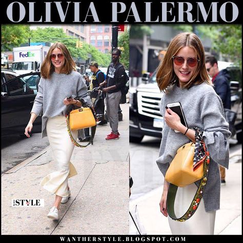 Olivia Palermo in grey sweater, cream midi skirt and white sneakers Olivia Palermo Sneakers, Skirt And White Sneakers, Cream Midi Skirt, Olivia Palermo Fashion, Skirt Sneakers, Olivia Palermo Lookbook, Orange Purse, Olivia Palermo Style, Europe Outfits