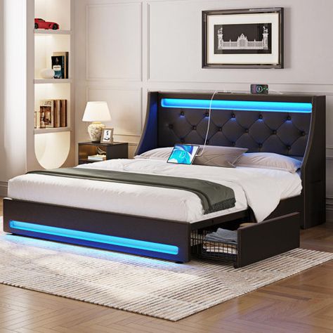 Brayden Studio® Cabriano Upholstered Bed | Wayfair Bed Frame With Led Lights, Floating Bed Frame, Led Beds, Led Bed Frame, Headboard With Lights, Floating Bed, Full Bed Frame, Twin Bed Frame, King Bed Frame