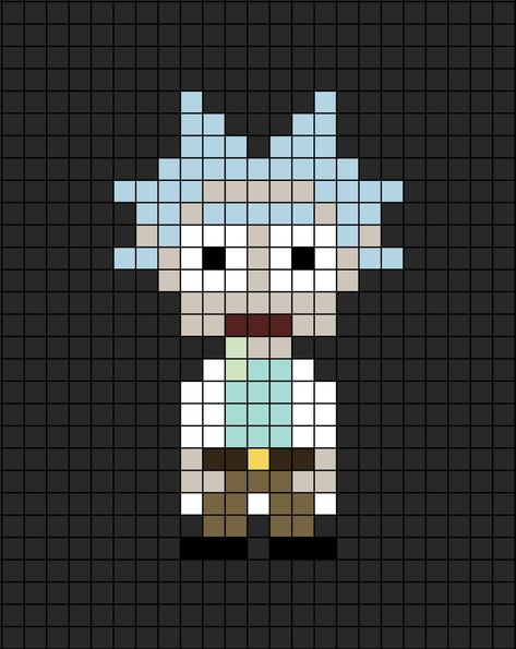 A pixel art template of Rick Sanchez from Rick and Morty. This is originally made by Bill on free bead patterns dot com, though I have made my adjustments. Rick And Morty Minecraft, Minecraft Rick And Morty, Rick And Morty Embroidery, Rick And Morty Pattern, Rick And Morty Crochet, Pickle Rick Pixel Art, Rick And Morty Embroidery Pattern, Rick And Morty Perler Bead Patterns, Rick And Morty Fuse Beads