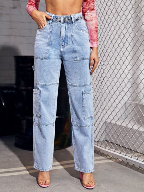 High Waisted Grommet Eyelet Waist Pocket Baggy Jeans | SHEIN USA Baggie Jeans Outfit, Jeans Refashion, High Waisted Baggy Jeans, Shein Jeans, Custom Jeans, Baggy Clothes, Outfit Jeans, Fall Clothes, Jeans Diy