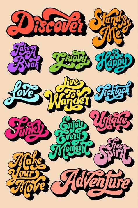 Colorful funky stylized script font sticker set on a beige background vector | free image by rawpixel.com / Tvzsu Vector Stickers, Font Sticker, Alfabet Font, Funky Fonts, Vintage Logos, Background Colorful, Design Brochure, Bold Logo, Retro Logos