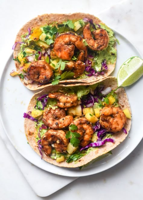 Marinated Grilled Shrimp, Grilled Shrimp Tacos, Mango Slaw, Spicy Shrimp Tacos, Shrimp Taco Recipes, Lime Shrimp, Spicy Shrimp, Avocado Salsa, Shrimp Tacos