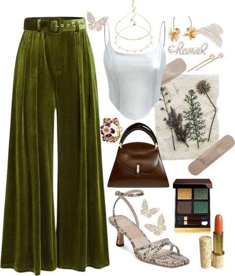 fairy green 💚 Outfit | ShopLook Smart Casual Boho Outfit Ideas, Botanical Aesthetic Outfit, Psychadelic Outfits Aesthetic, Artsy Boho Outfits, Green Pants Fit, Green Velvet Pants Outfits, Infp Outfits, Librarian Aesthetic Outfit, Modern Bohemian Outfits