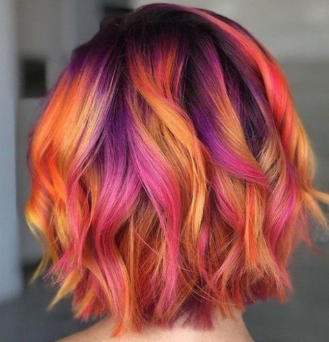 Sunset Colored Short Hairstyle Yellow Hair Color Ideas, Sunset Hair Color, Yellow Hair Color, Sunset Hair, Autumn Sunset, Hair Color Streaks, Winter Hair Color, Short Hair Color, Yellow Hair