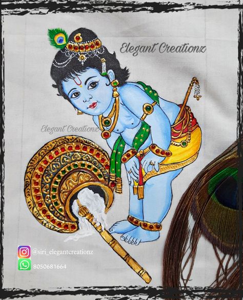 Krishna Painting On Fabric, Mehndi Designs Drawing, Little Krishna Painting, Chhathi Decoration, Painting In Fabric, Painting On Blouse, Fabric Canvas Art, Blouse Painting, Maya Fashion